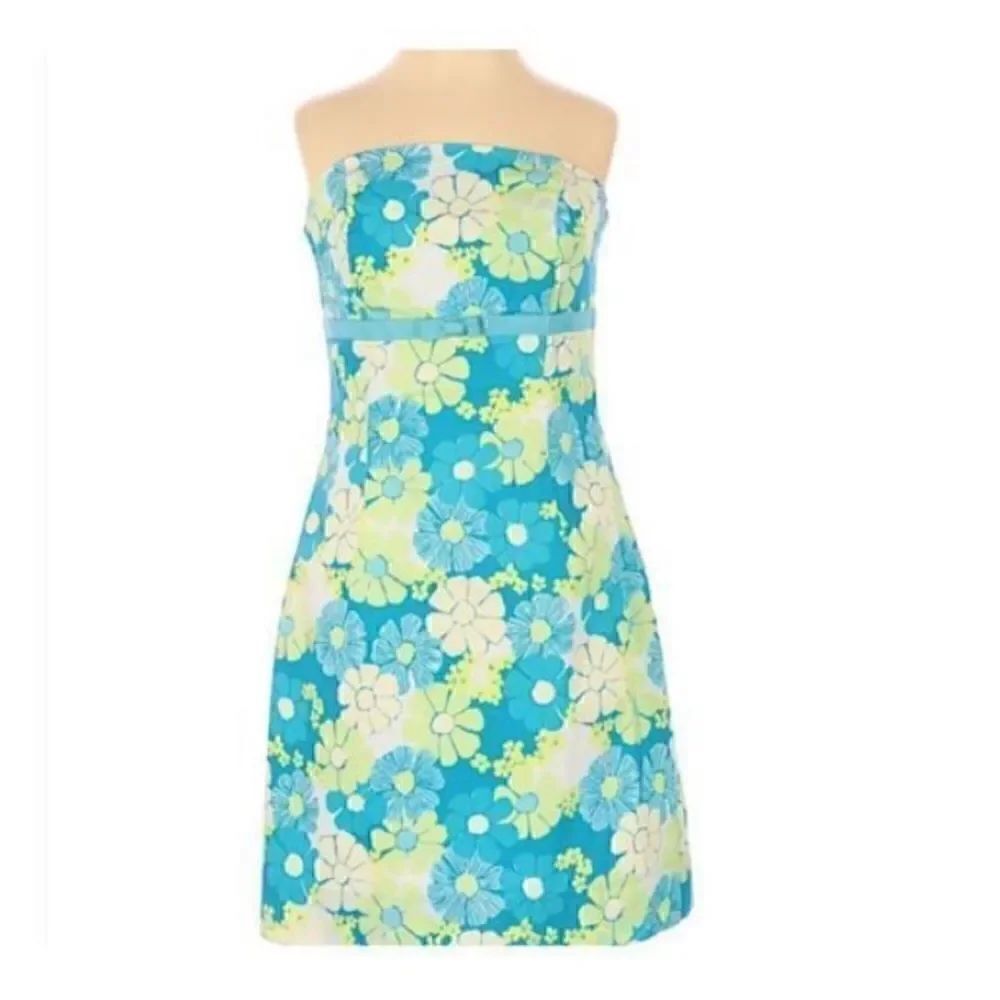 Lilly Pulitzer Women’s Size 0 Structured Strapless Dress Blue Floral Knee Length